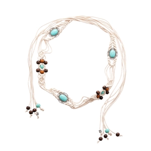 Bohemian woven waist chain with turquoise beads and butterfly pendant on white background