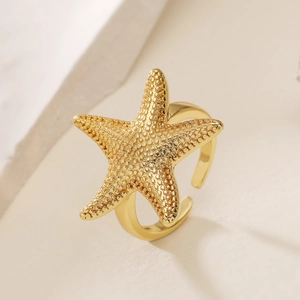 Starfish Open Ring Copper 18K Gold Plated Adjustable Textured Minimalist Statement Jewelry For Women