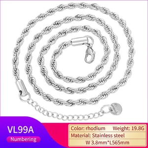 Polished silver stainless steel rope chain necklace 3.8mm wide with S.steel tag