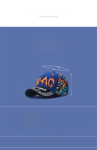 Detail of blue baseball cap showing orange WAG embroidery and ethnic pattern print