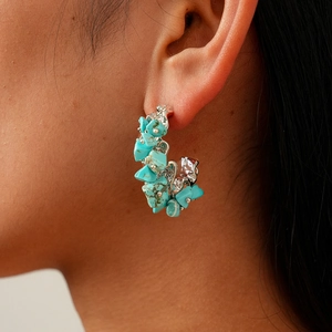 Bohemian Irregular Turquoise Stone C Shaped Stud Earrings With Silver Earring Post Vintage Alloy Jewelry For Women