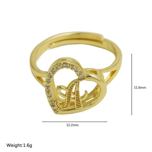 Adjustable golden heart ring with cursive letter A and sparkling zircon accents