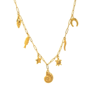 18K gold plated paperclip necklace featuring sea shell, starfish and turtle pendants