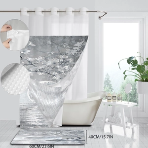 Detail of waterproof ink wash shower curtain fabric texture and metal grommets
