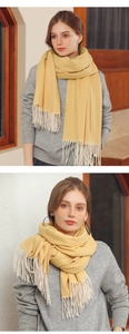 Détail d'une écharpe jaune en maille à chevrons avec des franges et un motif à vagues élégant