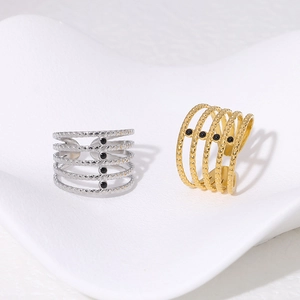Multilayer Open Ring Stainless Steel 18K Gold Plated Black Beads Adjustable Geometric Minimalist Fashion Women