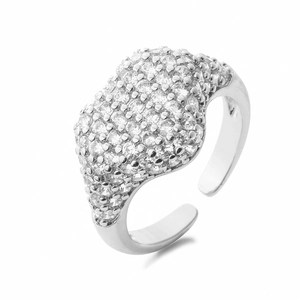 Detailed view of silver open ring with micro-pave clear cubic zirconia stones