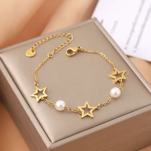 Stainless Steel Bracelet With Hollow Star Pendants Zircon And Artificial Pearls Korean Style Simple Elegant Fashion Jewelry For Women