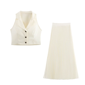 Women Skirt Outfit Sleeveless Waistcoat Top And Pleated Maxi Skirt Solid Color Elegant Commuter For Lady