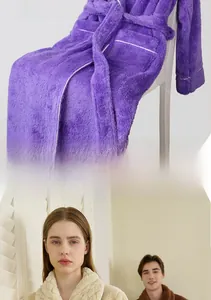 Detailed plush texture of thick flannel robes for couples in purple and white