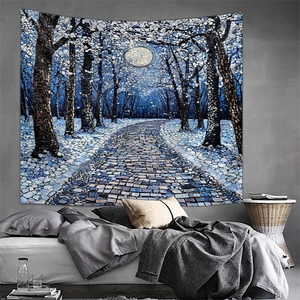 Artistic wall tapestry showing a moonlit forest path in a cozy bedroom scene