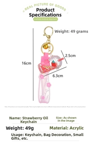 Detail view showing strawberry oil acrylic keychain dimensions and weight 49g