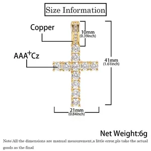 Detailed size specifications for a small hip hop cross pendant with AAA zircon