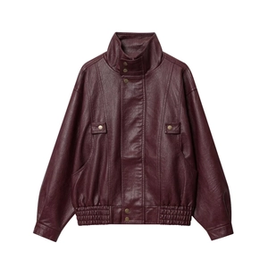 Women's burgundy faux leather bomber jacket with stand collar and metallic snap buttons