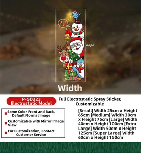 Size chart showing large Christmas reindeer and snowman static window stickers
