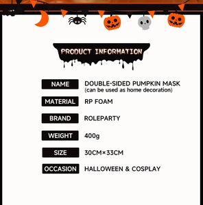 Detailed infographic showing double-sided pumpkin mask dimensions and RP foam material specs