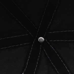Macro shot of the reinforced inner crown stitching and metal rivet on a black baseball cap