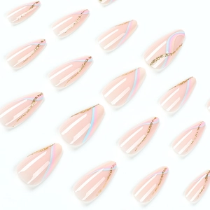 Almond press-on nails with pink and blue wave patterns and golden glitter accents