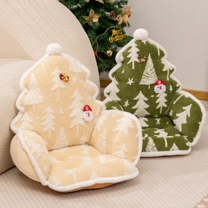 Christmas tree shaped plush seat cushion with fleece trim and festive decorations