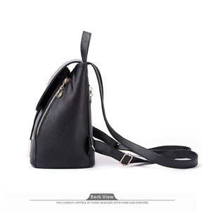 Side view of black PU leather backpack with gold zippers and adjustable straps