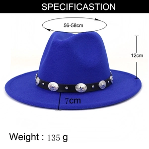 Detailed sizing chart for royal blue wool fedora hat with metallic belt decoration