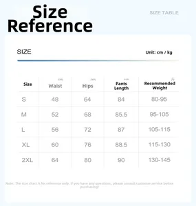 Detailed size chart for yoga pants showing waist, hip, and length measurements in cm