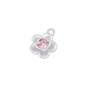 Macro view of flower pendant with silver metal texture and pink square zircon inlay