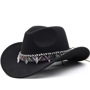 Chapeau Cowboy Western Large Bord Feutre Polyester Fedora Avec Bande Tissée Ethnique Pendentifs Feuille Métal Rétro