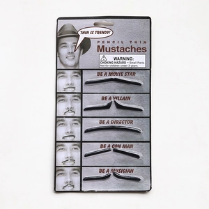 Set of five realistic black synthetic mustaches in card packaging for Halloween cosplay