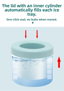 Detail showing the automatic water filling and leak-proof seal of the blue ice cup mold
