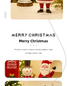 Detail of wooden Christmas ornaments featuring Santa, snowman and red mailbox with LED light