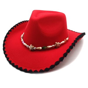 Classic red wool felt cowboy hat with woven black brim trim and beaded star band