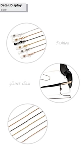 Detail of metal snake chain eyewear strap with adjustable rubber loops in five colors