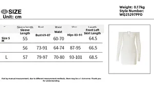 Size chart detail for long sleeve mini dress showing S, M, L dimensions in centimeters