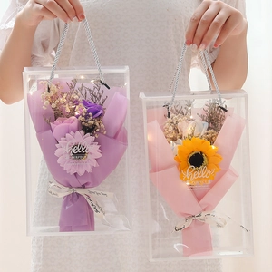 Soap rose and sunflower bouquets in transparent gift bags with LED lights for Mother's Day