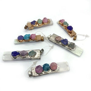 Natural crystal stone pendant with irregular raw gems and gold or silver plated frame