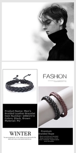 Detail of hand-woven three-strand PU leather bracelets in classic black and brown colors
