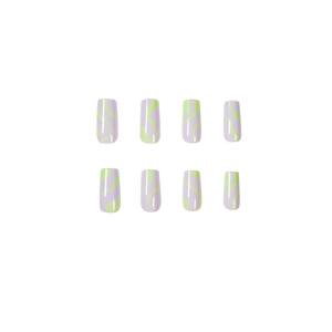 Minimalist lavender and green wave pattern press-on nails with glossy long square finish