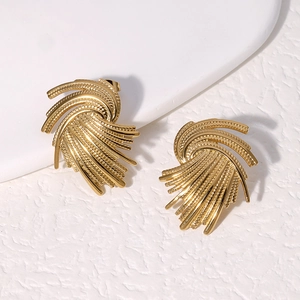 Vintage Abstract Fan Stud Earrings Stainless Steel Irregular Geometric Woven Design High End Fashion Jewelry For Women
