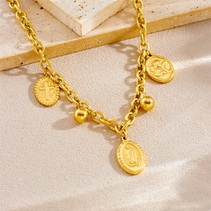 Gold vintage stainless steel chain bracelet with Virgin Mary and cross charms