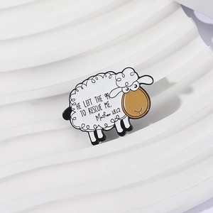 Cute cartoon sheep enamel pin with religious quote on a wave plaster display base