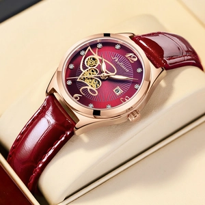 Orologio meccanico da donna oro rosa con quadrante a farfalla e cinturino in pelle bordeaux