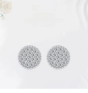 Detailed view of S925 sterling silver round stud earrings with pave micro-set diamonds