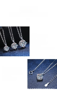 Detailed view of round brilliant cut moissanite pendant with classic four-prong silver setting
