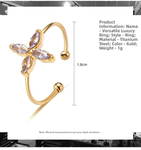Detailed size view of an 18k gold-plated clover ring with purple stones and 1.8cm diameter