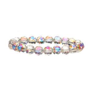 Faceted 10mm iridescent crystal beaded stretch bracelet with colorful AB reflective finish