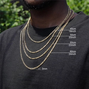 3mm gold stainless steel Figaro chain necklace for men shown in various lengths