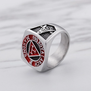 Detail of Masonic Royal Arch ring with red enamel and Royal Arch Masons engraving