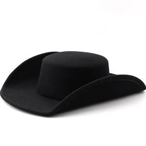 French style 10cm flat top wide brim felt hat with elegant curved edges in black