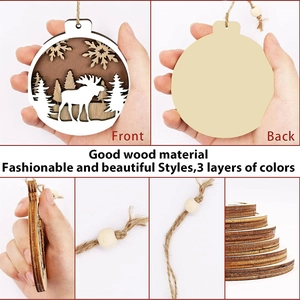 Detailed close-up of 3-layer wooden Christmas reindeer ornament with laser-cut forest scenery